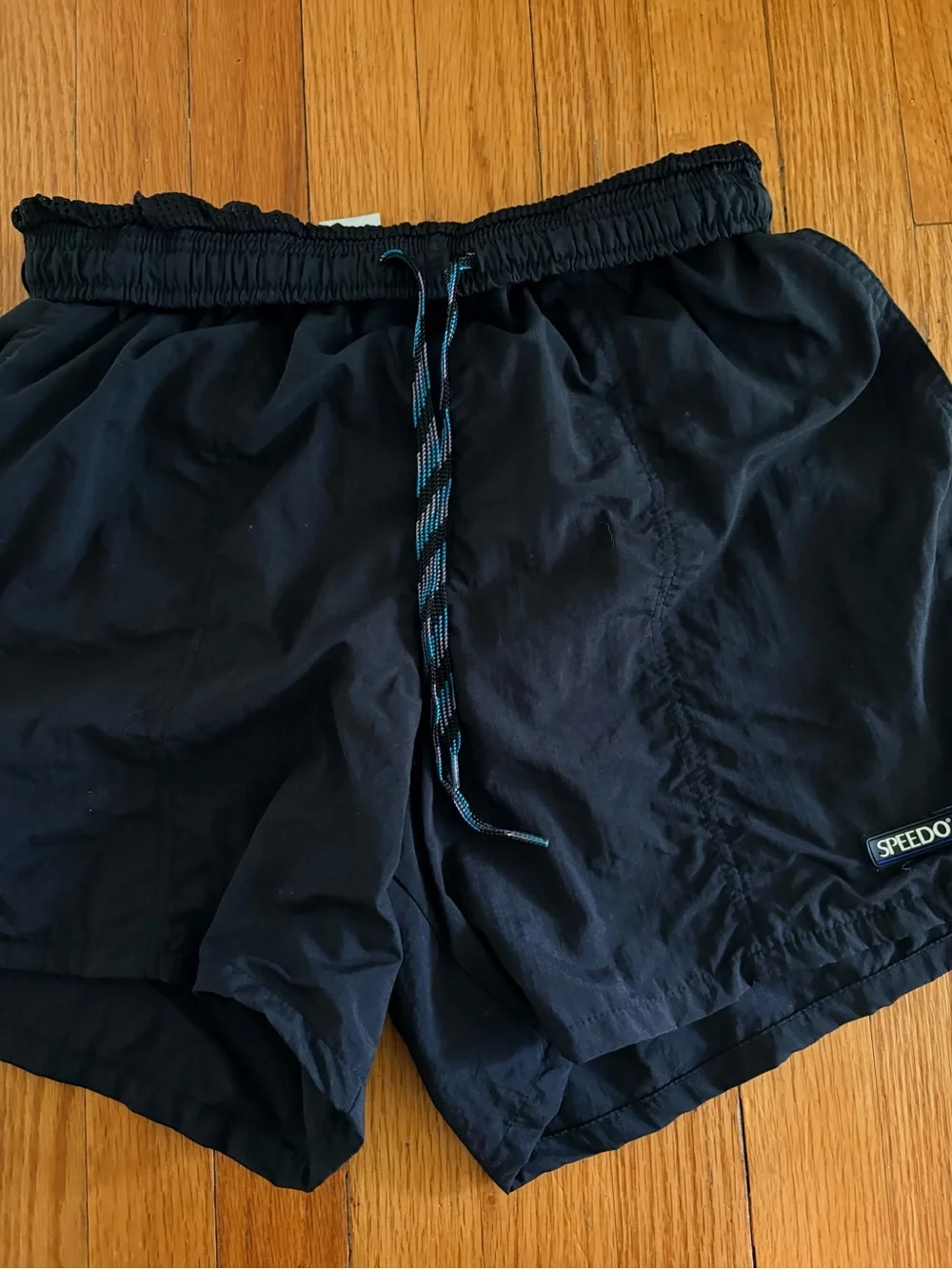 Vintage Speedo Black Swim Trunks Size M Mesh Lined Drawstring